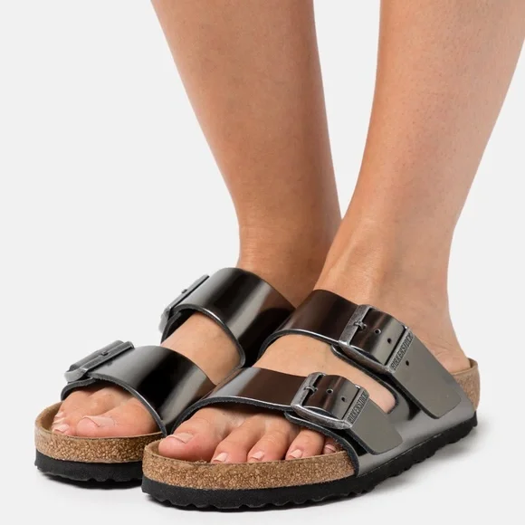 BIRKENSTOCK Arizona Soft Footbed Leather Sandals Metallic Anthracite Size 37 M N - Picture 6 of 12